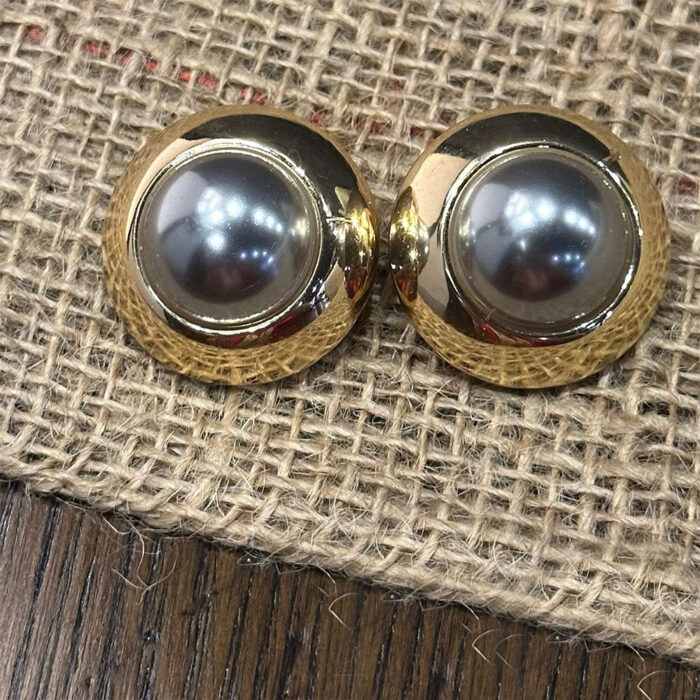 Faux Pearl with Golden Edges Ear Studs - Silver Grey