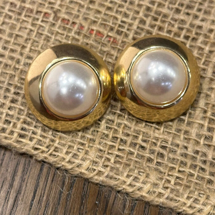 Faux Pearl with Golden Edges Ear Studs - White