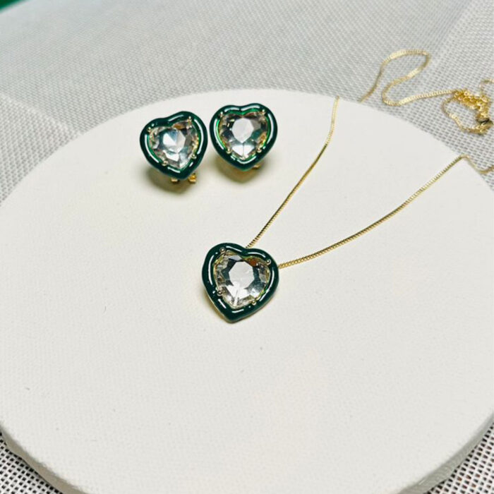 Heart Crystals Pendant Set Dark Bottle Green